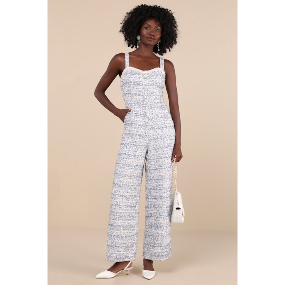 Lulus Upscale Posture Blue Tweed Sequin Pearl Sleeveless Jumpsuit - Size XS